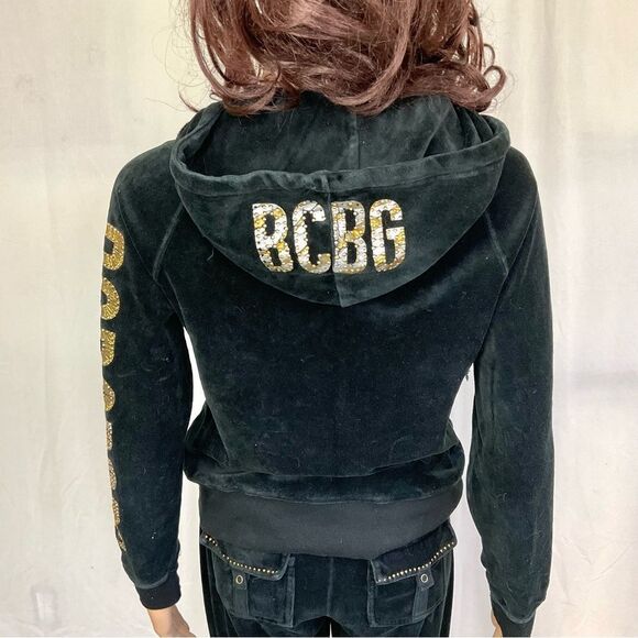 BCBGMaxAzria Y2K Vintage Black Gold Studs Velour Zip Tracksuit Jacket Pants S - Picture 9 of 13